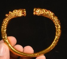 3.1''Old China Dynasty Bronze Gilt Double Dragon Head Bracelet Bangle Wristband