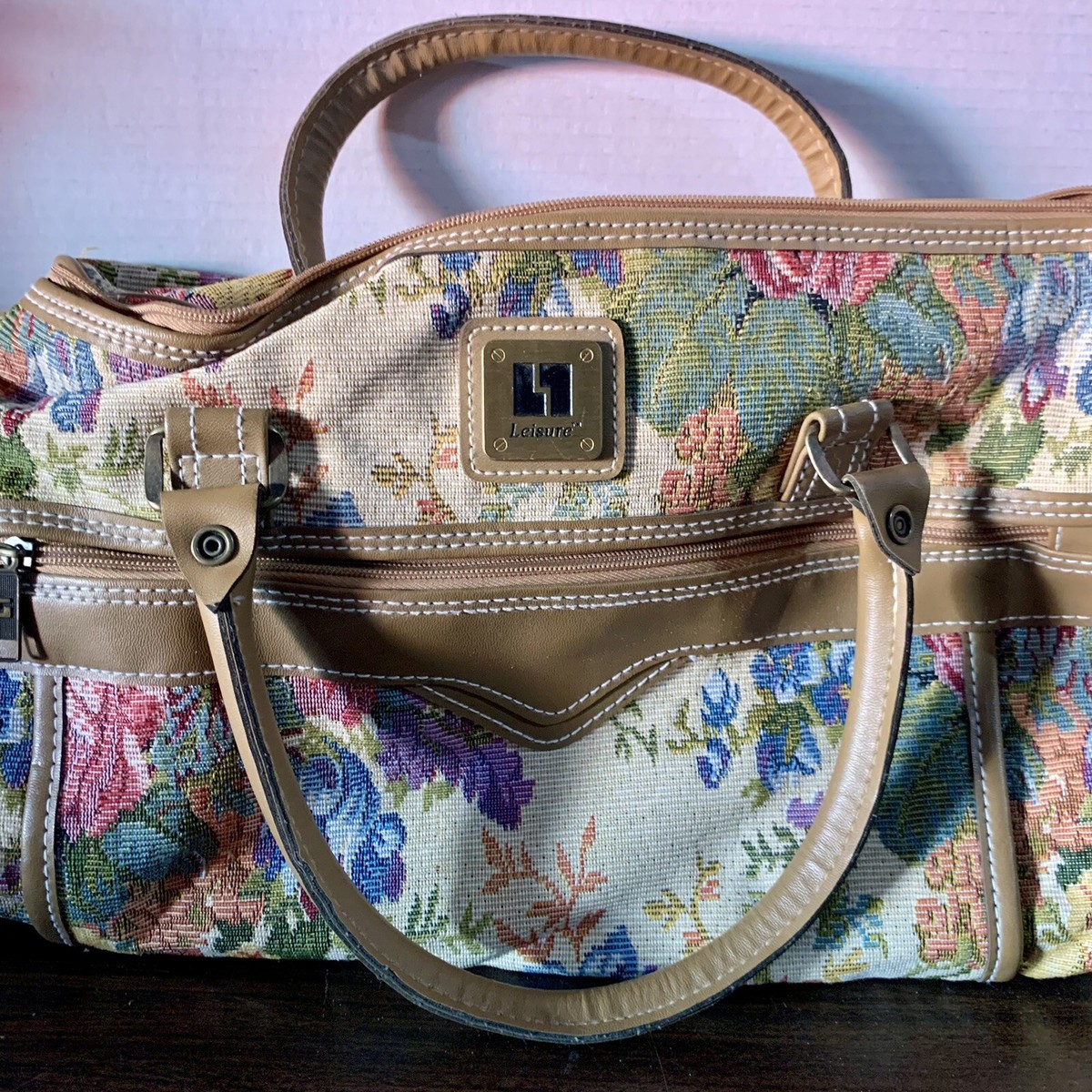 Vintage 80s Leisure Luggage Tapestry Beige Floral Carry On