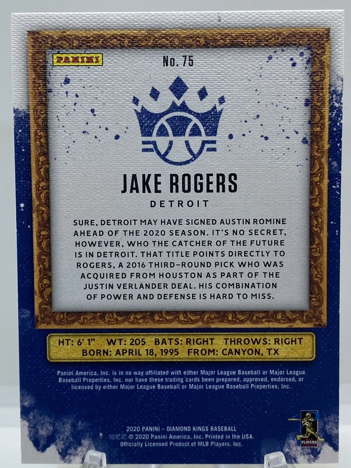 2020 Panini Diamond Kings Baseball ROOKIE Jake Rogers #75 (DW) - Image 2 of 2