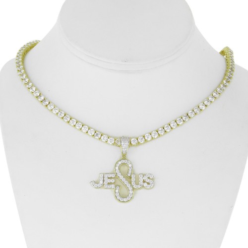 Mens 14K Gold Finish Micro Pave JESUS 
