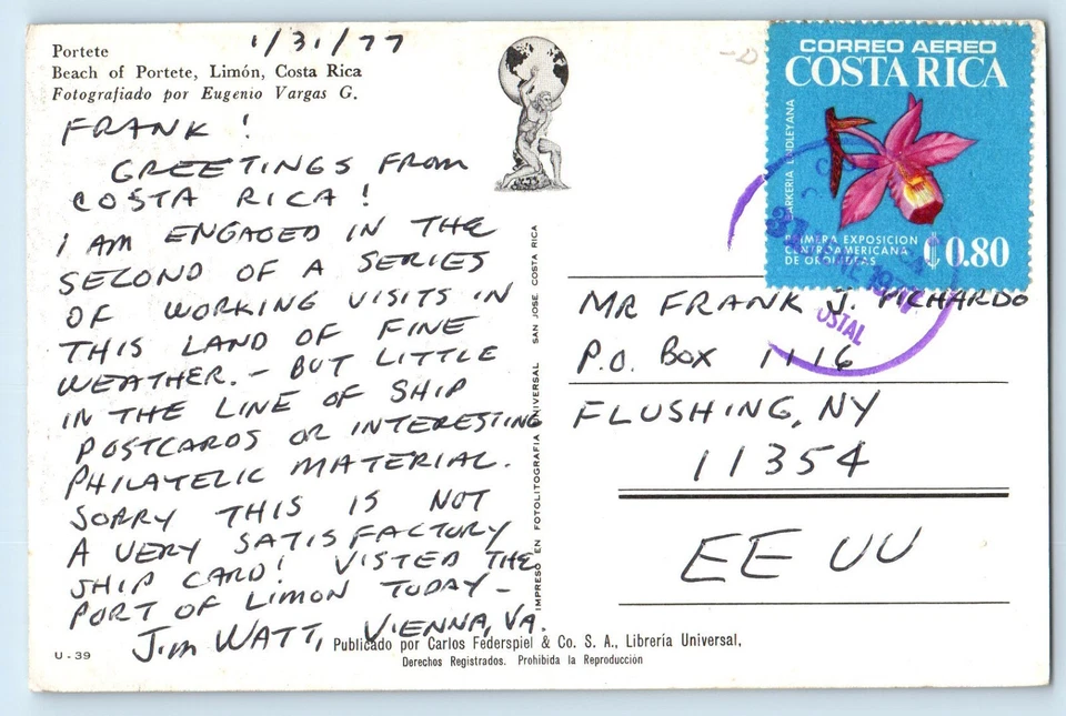 Limon Costa Rica Postcard Scene in Beach of Portete 1977 Vintage Posted - Image 2 of 2