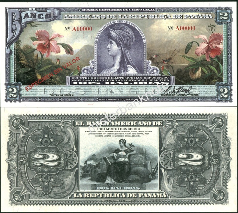 PANAMA ARTIST-SIGNED "SERIES OF 1918A" 2 BALBOAS FANTASY ART NOTE BY REED BNC!