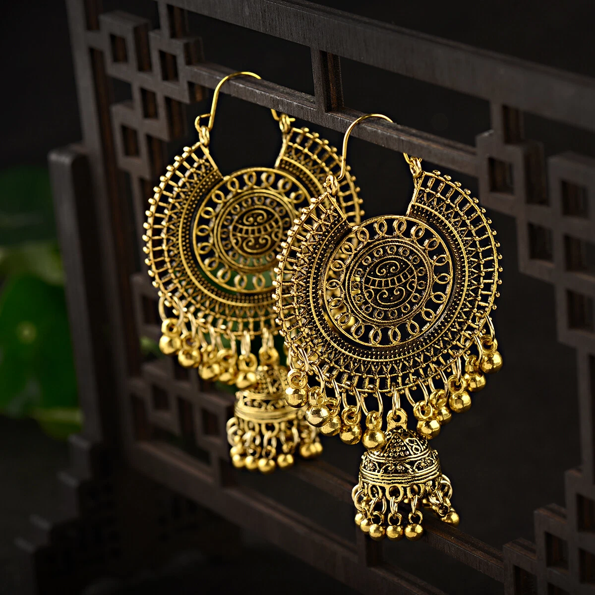 Big Round Bell Gold Silver Bead Carved Jhumka Indian Tassel Carved