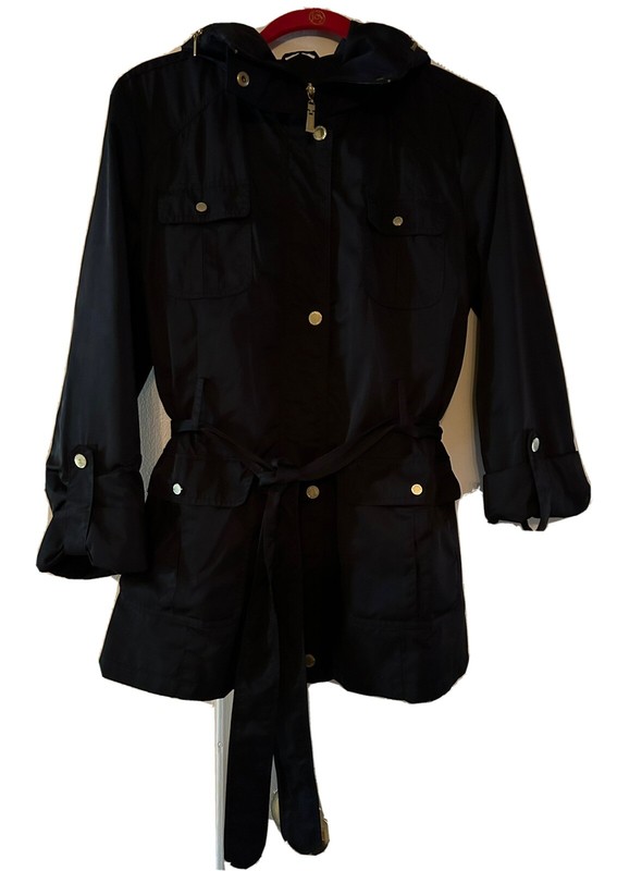 Ellen Tracy Black Techno Short Belted Trench Coat