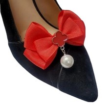 Red Color Bow with Charm Shoe Clips, Shoe Clips 2pcs