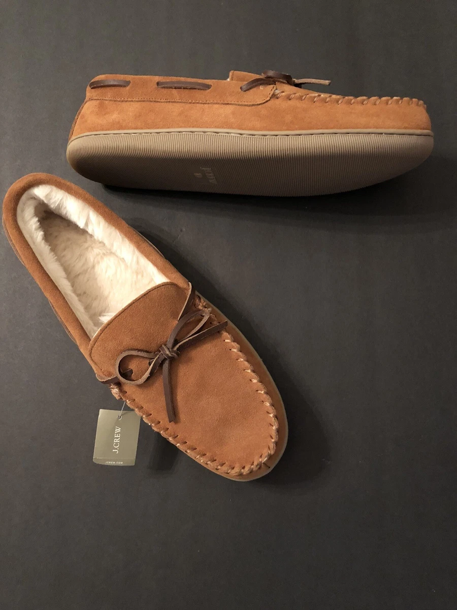 J Crew NWT Men 10M Tan Leather Suede Moccasin Slipper Indoor Outdoor w Faux  Fur