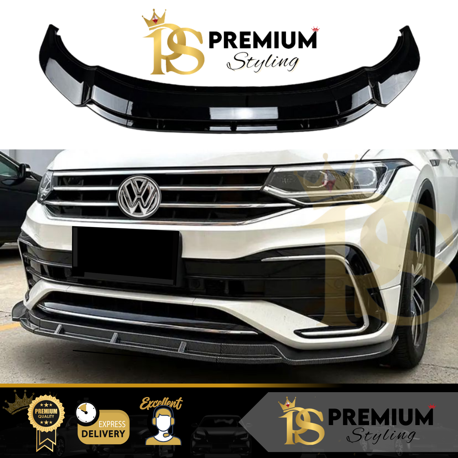 VW Tiguan MK2 R Line Front Splitter Lip Body Kit Gloss Black 2021+