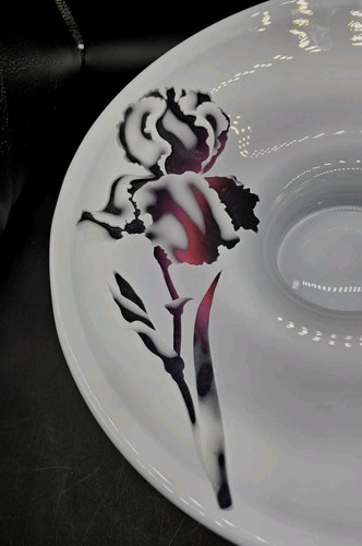 LARGE Art Glass PURPLE Cased Cameo Cut Etched Iris Centerpiece Bowl 15" 