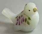Vtg Fenton White Satin Art Glass Song Bird Hand Painted  Artist Signed Floral