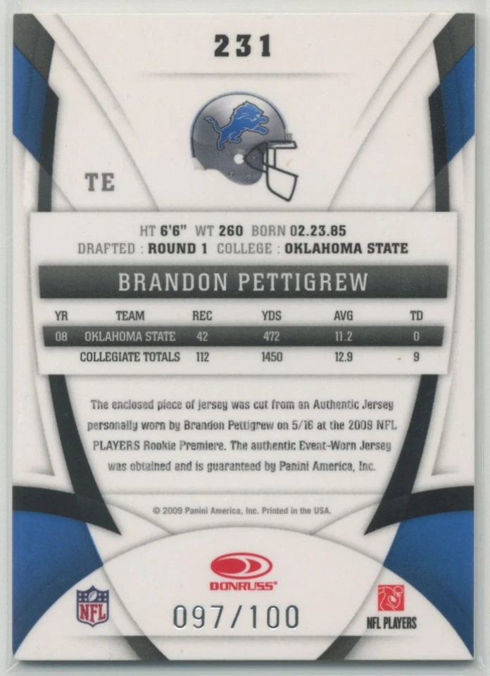 Brandon Pettigrew 2009 Certified Freshman Fabric RC Jumbo Jersey /100 Rookie - Image 2 of 2