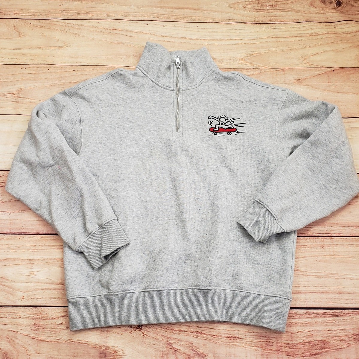 HM Keith Haring Sweatshirt Mens Medium Gray Pullover 1/4 Zip 