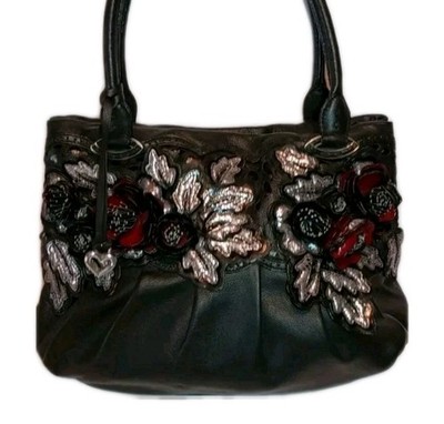 BRIGHTON MASTERPIECE  CRYSTA 3D FLORAL LEATHER APPLIQUE SHOULDERBAG RARE MR $480