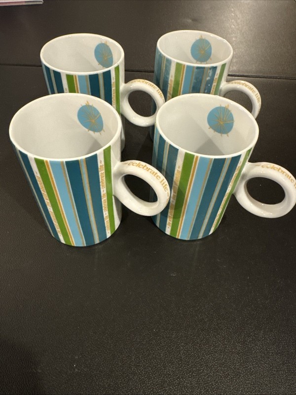 Target Mug CELEBRATE LIFE Set Of 4 Coffee Porcelain Julia Minasian Green Stripes