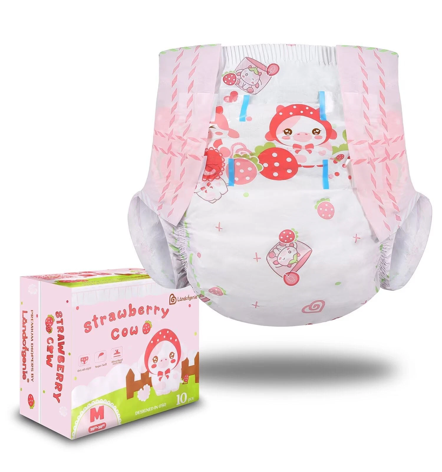 Adult Diapers Large Overnight Printed Diaper with Tabs 10 Pieces - Strawberry...
