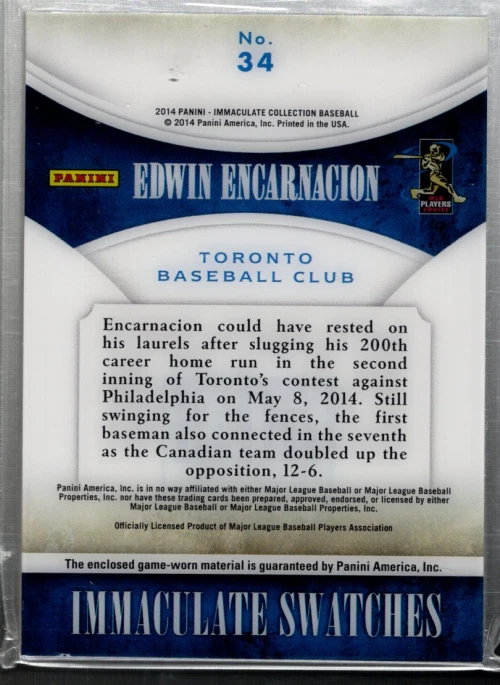 B5003- 2014 Immaculate Collection Swatches #34 Edwin Encarnacion Jersey /99 - Image 2 of 2