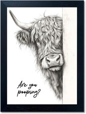Funny Highland Cow Bathroom Wall Art - Rustic Farmhouse Wall Decor with Humorous