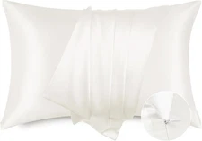 Bedsure Satin Pillowcase with Zipper, Queen (20" x 30"), 06 - Ivory - Zipper 