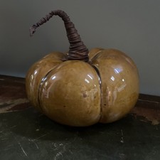 Large Pier 1 Ceramic Pottery Pumpkin Amber Glaze Metal Wire Wrapped Stem Fall
