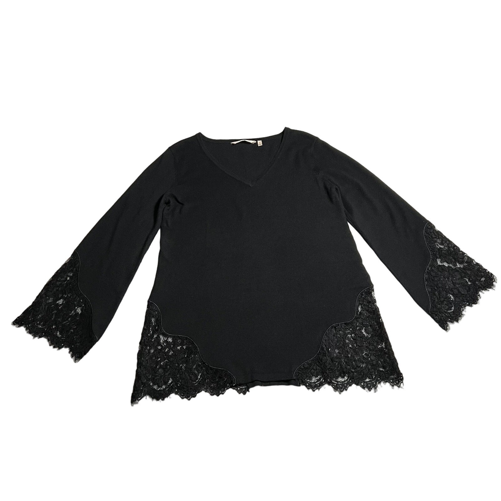 Soft Surroundings V-Neck Wool Blend Lace Trim Sweater Size X-Small Neutral