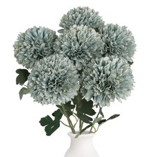 6PCS Dusty Blue Artificial Flowers 21.6    Silk Fake Chrysanthemums Large Faux...
