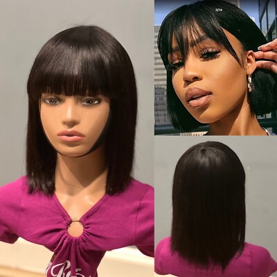 Handmade human hair black bang beautiful soft wig.
