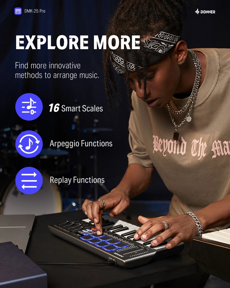 🎹 Donner DMK25 Pro Teclado MIDI Controlador DJ OLED 25 Teclas 8 Pad de Batería Barra Táctil Foto 3 de 4