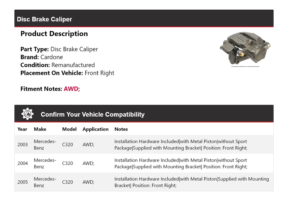 Pinza de freno de disco delantera derecha cardone 2004 para Mercedes-Benz C320 AWD 2003-2005 Foto 2 de 4