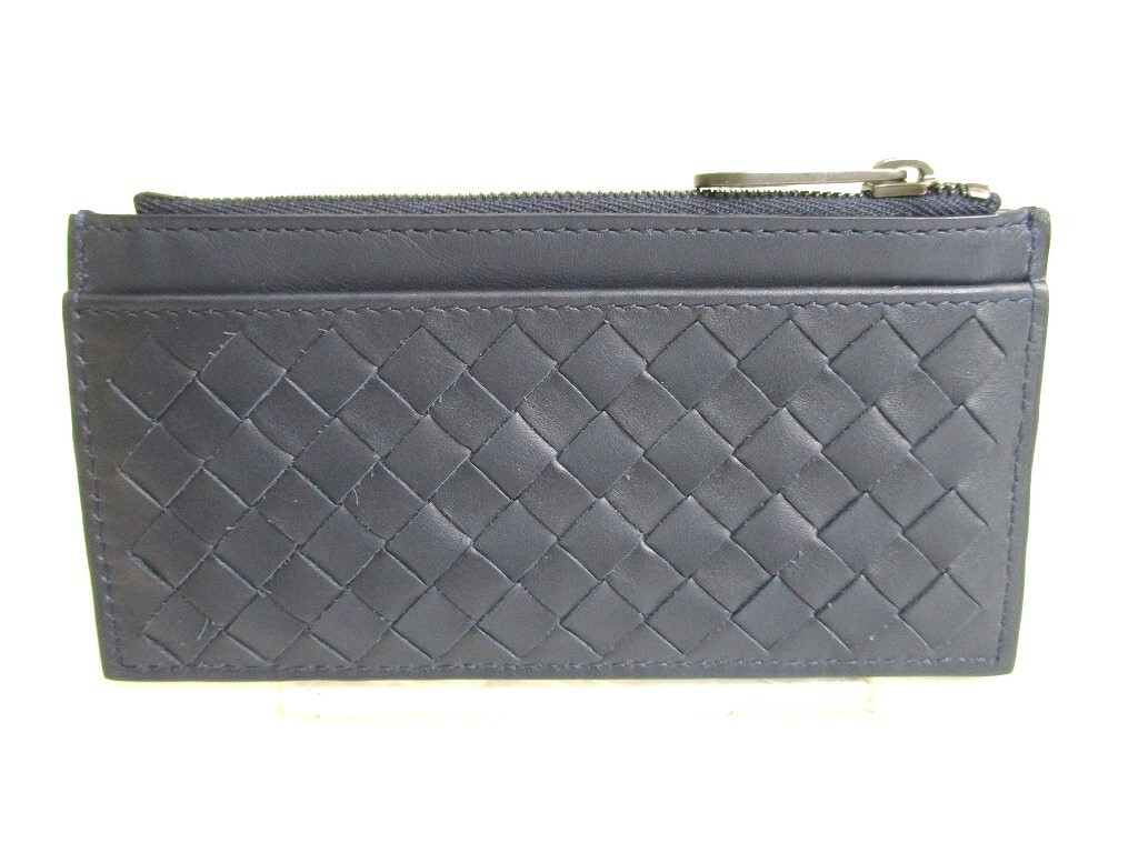 Auth BOTTEGA VENETA Intrecciato Navy Blue Leather Coin Purse