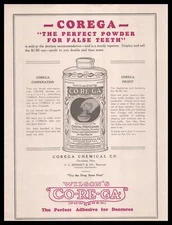 1931 Corega Chemical Cleveland Wilson's False Teeth Powdered Adhesive Print Ad