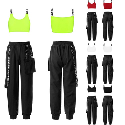Kids Girls Crop Top With Pants Gym Dance Outfit Hip-Hop Sports Suit Metal Chain - Picture 4 of 44