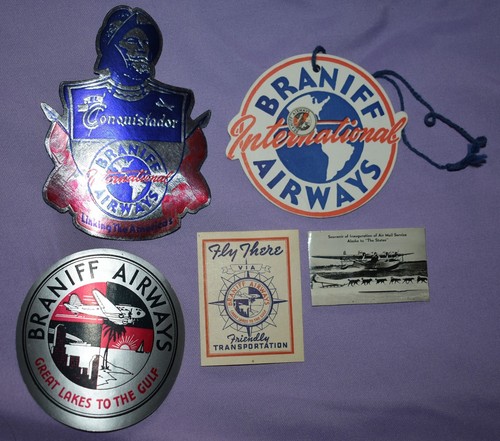 124w. AIRPLANE LUGGAGE LABELS: BRANIFF AIRWAYS, CONQUISTADOR, GREAT LAKES & MORE