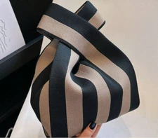 Knit Wristlet Or Handle Pouch Bag Purse Lightweight Foldable Tan Coffee / Black