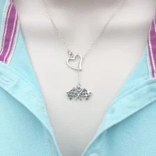 I Love Racing Antique Silver Checker Flag Hand Crafted Lariat Style Y Necklace.