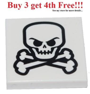  NEW Lego Pirate SKULL CROSSBONES White Skeleton Bone Printed 2x2 Minifig TILE