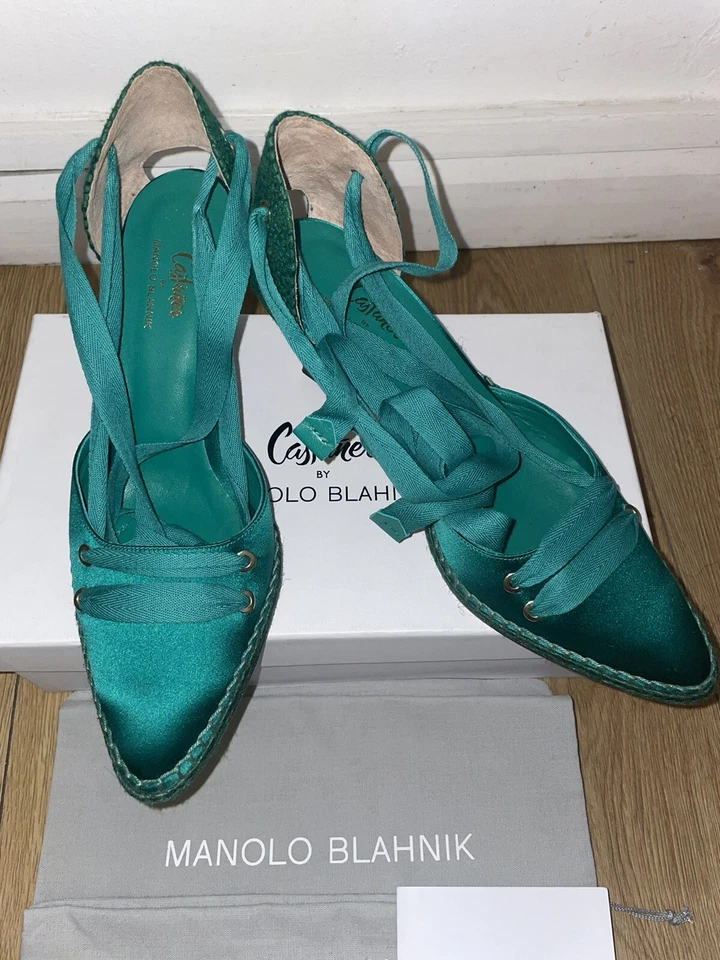 Pompa espadrillas Castaner x Manolo Blahnik tela verde taglia 40 UK 7 - Immagine 3 di 4