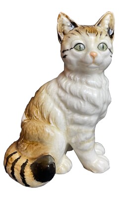 Vintage Japan Yoko Boeki Nippon Porcelain Figurine Cat Laying Down Cream Striped