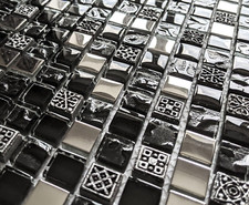 Ancient Textured Design Stone Metal Black Silver Chrome Square Mosaic Wall Tiles