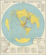 World Around the US : Air Routes : Flat Earth Map : Archival Art Print 17x22