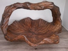 vintage hand carved burl wood basket with handle rustic farm look large size Z56