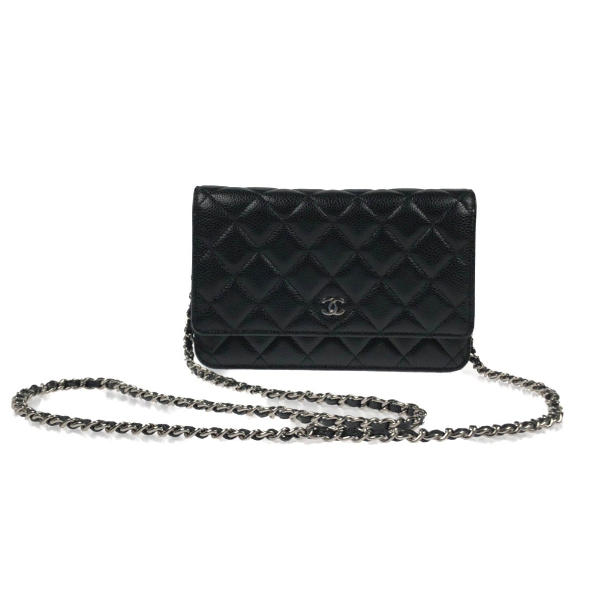 CHANEL Matelass Caviar Skin Chain Wallet Silver Hardware A33814 Black Slightly W