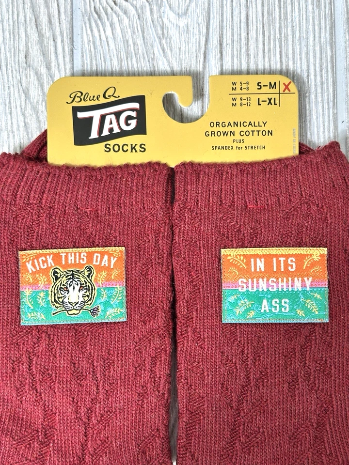 Lote de 3 calcetines humorísticos de algodón orgánico azul Q Tag talla S/M verde/naranja/rojo Foto 3 de 4