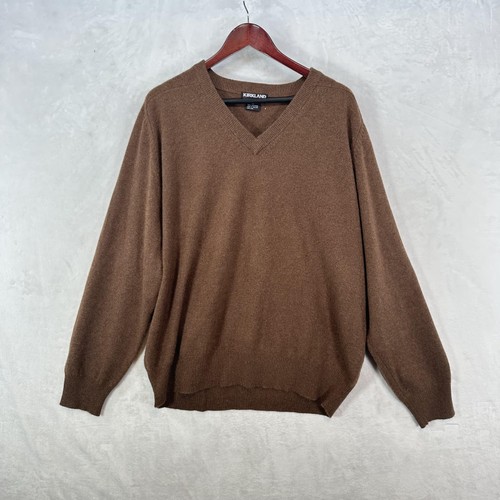Kirkland Signature Sweater Mens XL Brown 100% Cashmere V Neck Knit Pullover