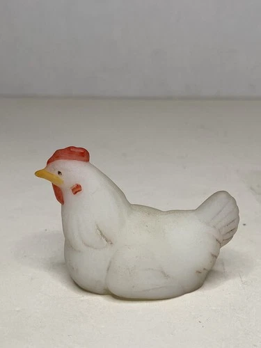 Vintage Fenton Glass Miniature Hen Figurine Opal Satin Painted Signed