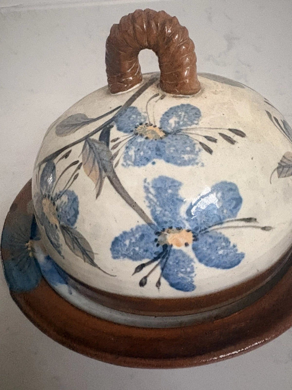 Vintage Pottery Cheese Dome butter dish blue flowers white Ceramic Covered