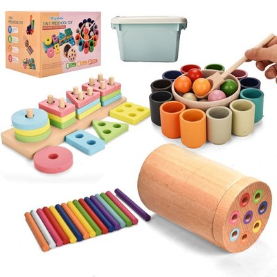 Montessori Toys for 1-3 Year,3 in 1 Wooden Learning Fine Motor Skills Toys Ra...