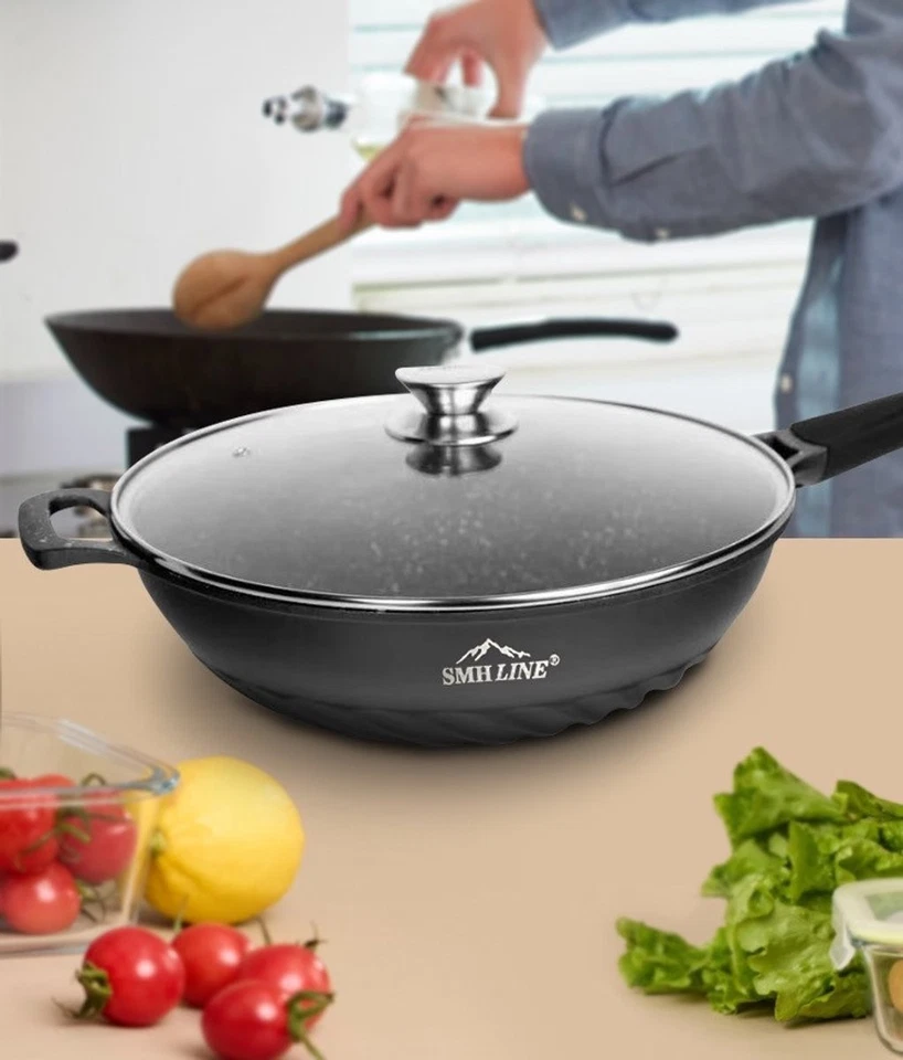 Wokpfanne mit Glasdeckel Induktion 28/32cm Aluguss Antihaft Bratpfanne Topf Wok - Bild 4 von 4