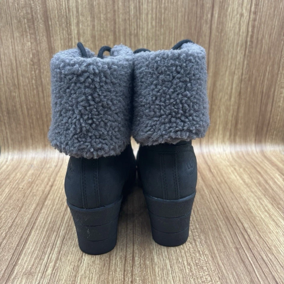 Botas con cordones UGG Zea impermeables de cuero negro gris piel de oveja tacón de cuña TALLA 8 Foto 2 de 4