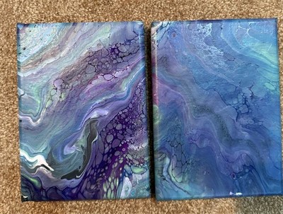 Ocean Under A Microscope Pour Paintings Acrylic On Stretched Canvas 2pc Set 5x7