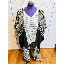 Free People Women  s One Size Black White Metallic Bizaar Bee Print Kimono Duster