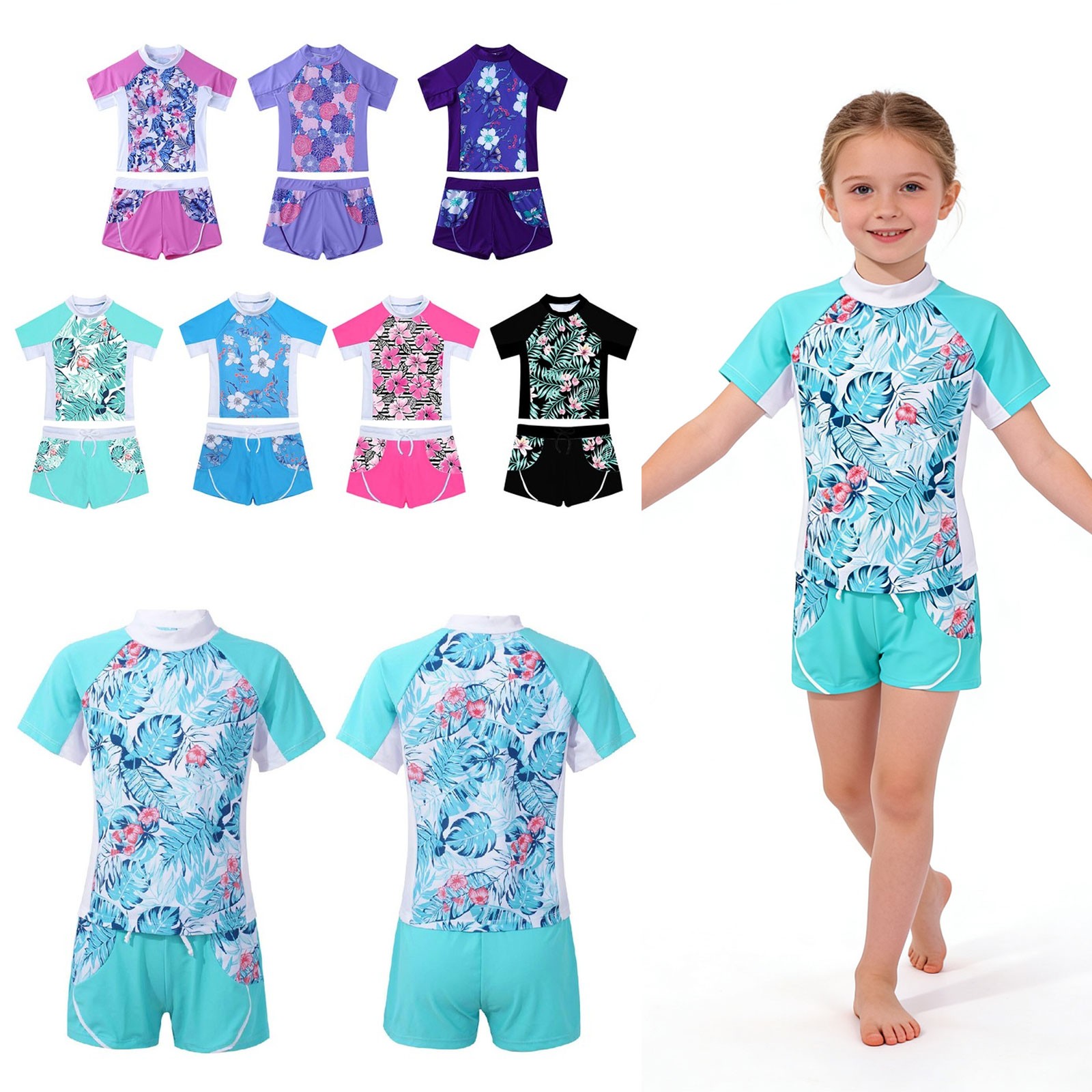 UK~ Kids Girls 2 Piece Short Sleeve Rash Guard Swimsuit UPF 50+ UV Bathing Suit